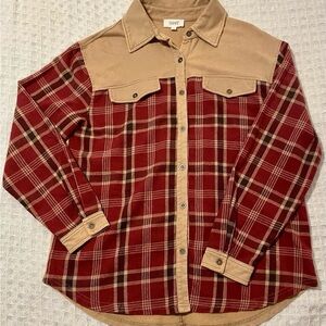 Oddy Red and Tan Plaid Button-Up Shirt Women’s Size Medium